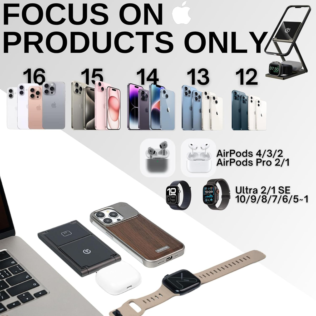 3 in 1 Wireless Charging Station, iPhone 16 15 14 15W Fast Charging Station for Multiple Devices, Adjustable Angle Foldable 8.8oz Travel Charging Stand for iPhone AirPods Apple Watch Men Women Gift