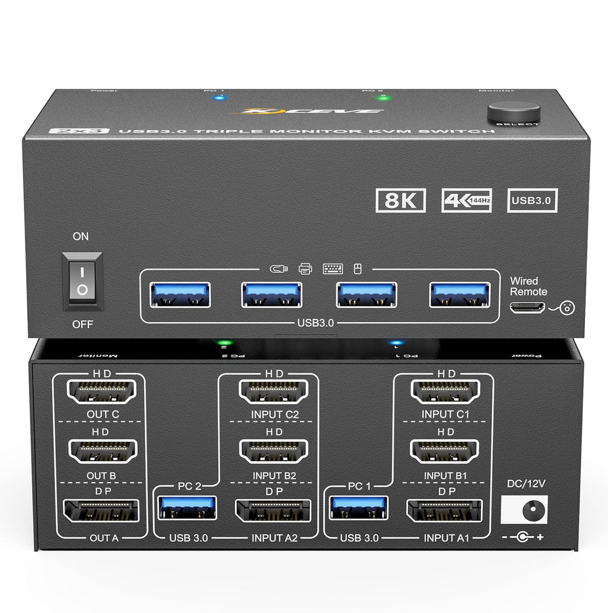 KVM Switch 3 Monitors 2 Computers 8K@60Hz/4K@144Hz, HDMI Displayport KVM Switches for 2 PC Sharing Triple Monitor and Keyboard Mouse with Power Adapter, Wired Extend Controller and USB3.0 Cables