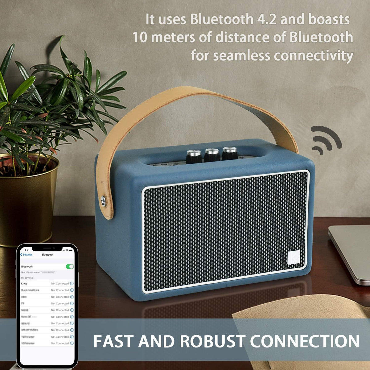 Vintage Bluetooth Speakers, KONEX 40W Leather Portable Wireless Speaker, Bluetooth 4.2 Heavy Bass Music Player, 20H Long Playtime, Mid Century Modern Decor for Home, Office, Party, Gift for Friend