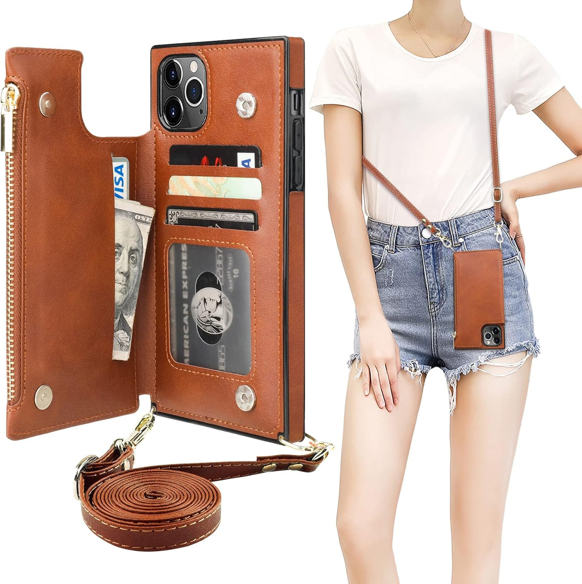 Bocasal Crossbody Wallet Case for iPhone 11 Pro Max with Card Holder,Zipper Card Slot Protector Shockproof Purse Cover with Removable Cross Body Strap 6.5 Inch(Brown)