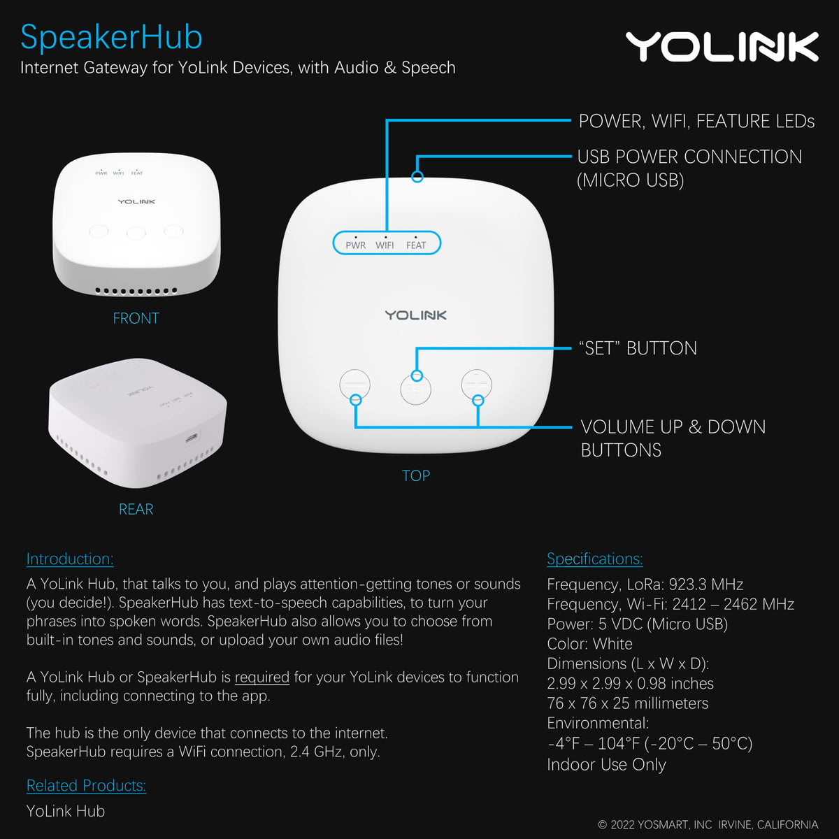 YoLink SpeakerHub & Two Motion Sensor Smart Home and Security Kit - Audio Hub Plays Tones/Sounds, Spoken Messages, LoRa-Powered ¼ Mile Range, WiFi