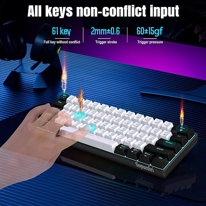 Snpurdiri 60% Wired Mechanical Gaming Keyboard Ice Blue LED Backlit 61 Keys Mini Wired Office Keyboard for Windows Laptop PC Mac (Black-White Red Switches)