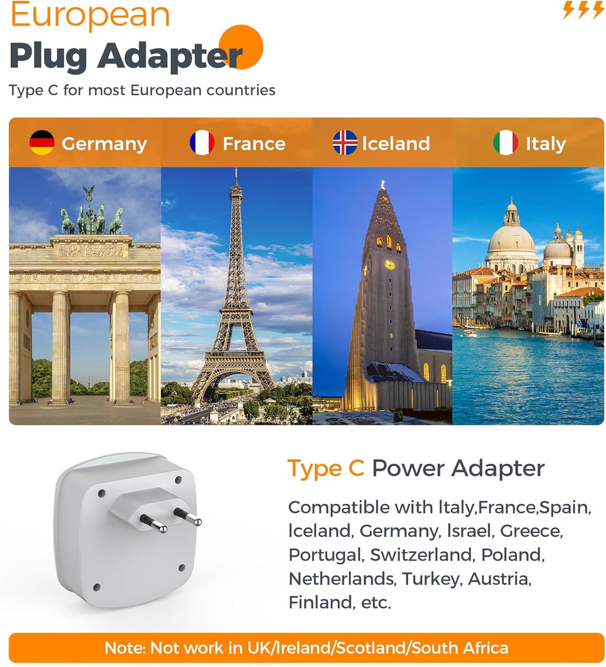European Travel Plug Adapter, TESSAN Type C Adaptor with 2 Electrical Outlets 2 USB Ports (1 USB C), EU Power Adapter for US to Europe International Iceland Spain Italy France Germany Greece