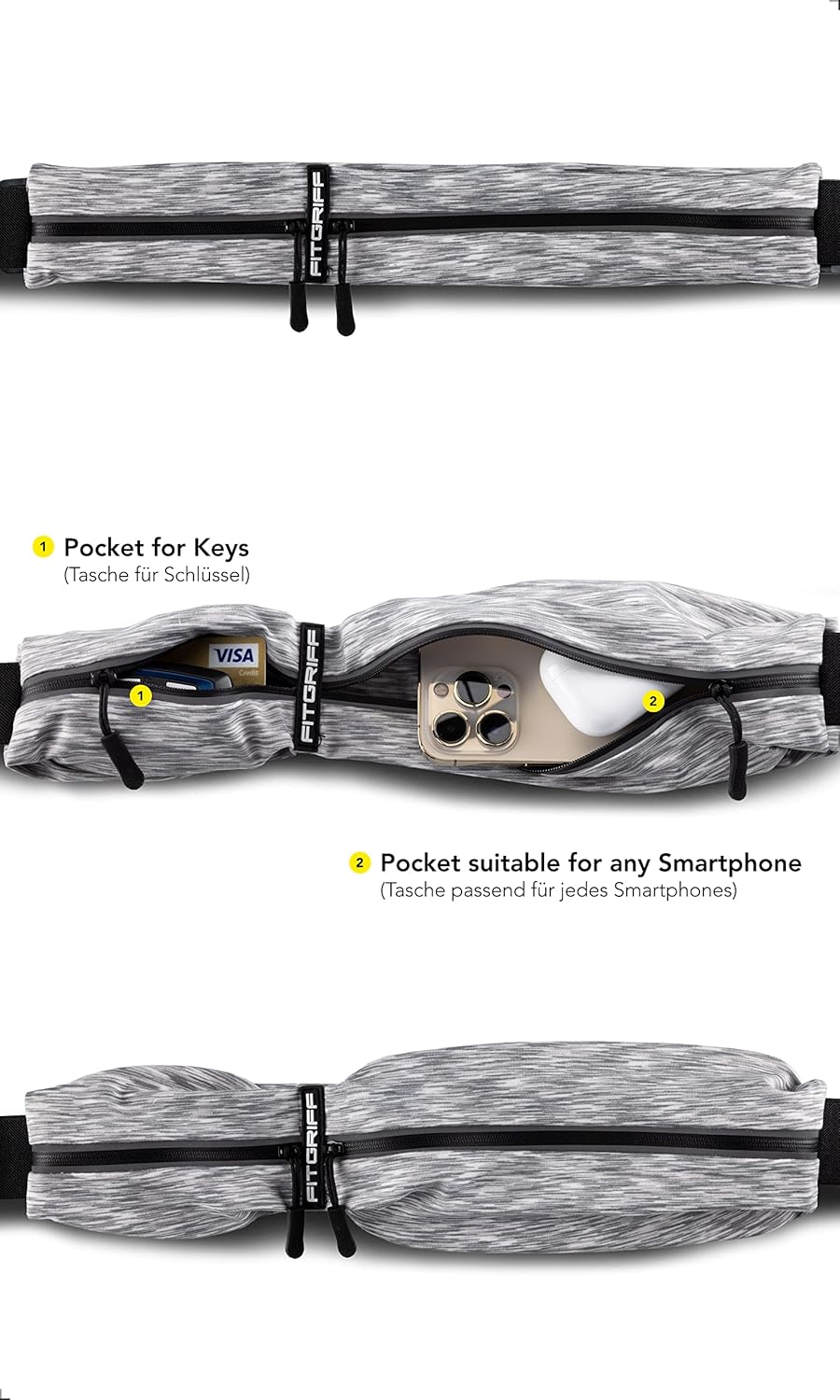 Fitgriff® Running Belt for Men & Women - Secure Jogging Pouch for Phone, Keys & Essentials - For All Cell Phones
