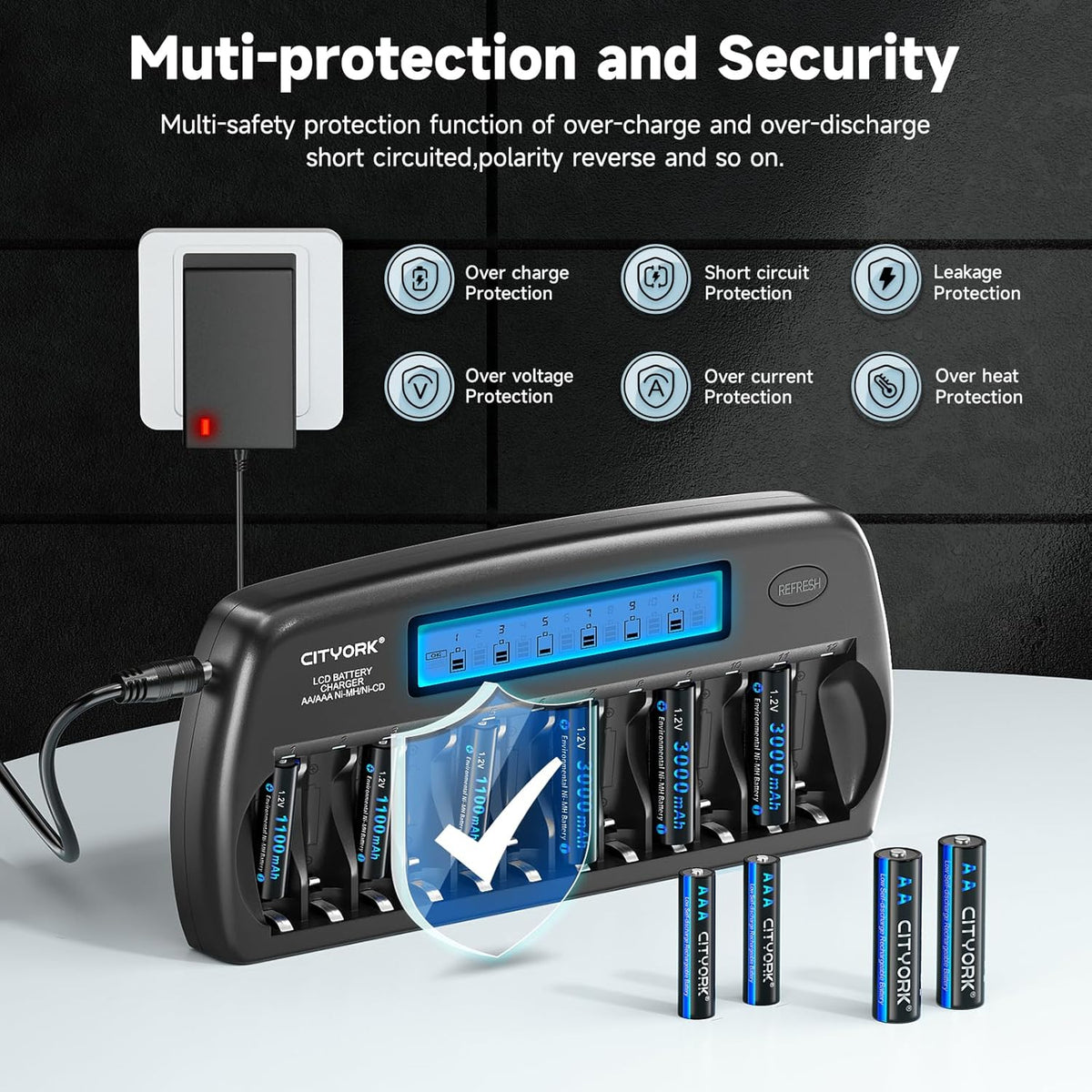 CITYORK 12 1.2V Bay AA AAA Battery Charger with Refresh Function, Smart LCD Display Battery Charger for Ni-MH/Ni-CD AA