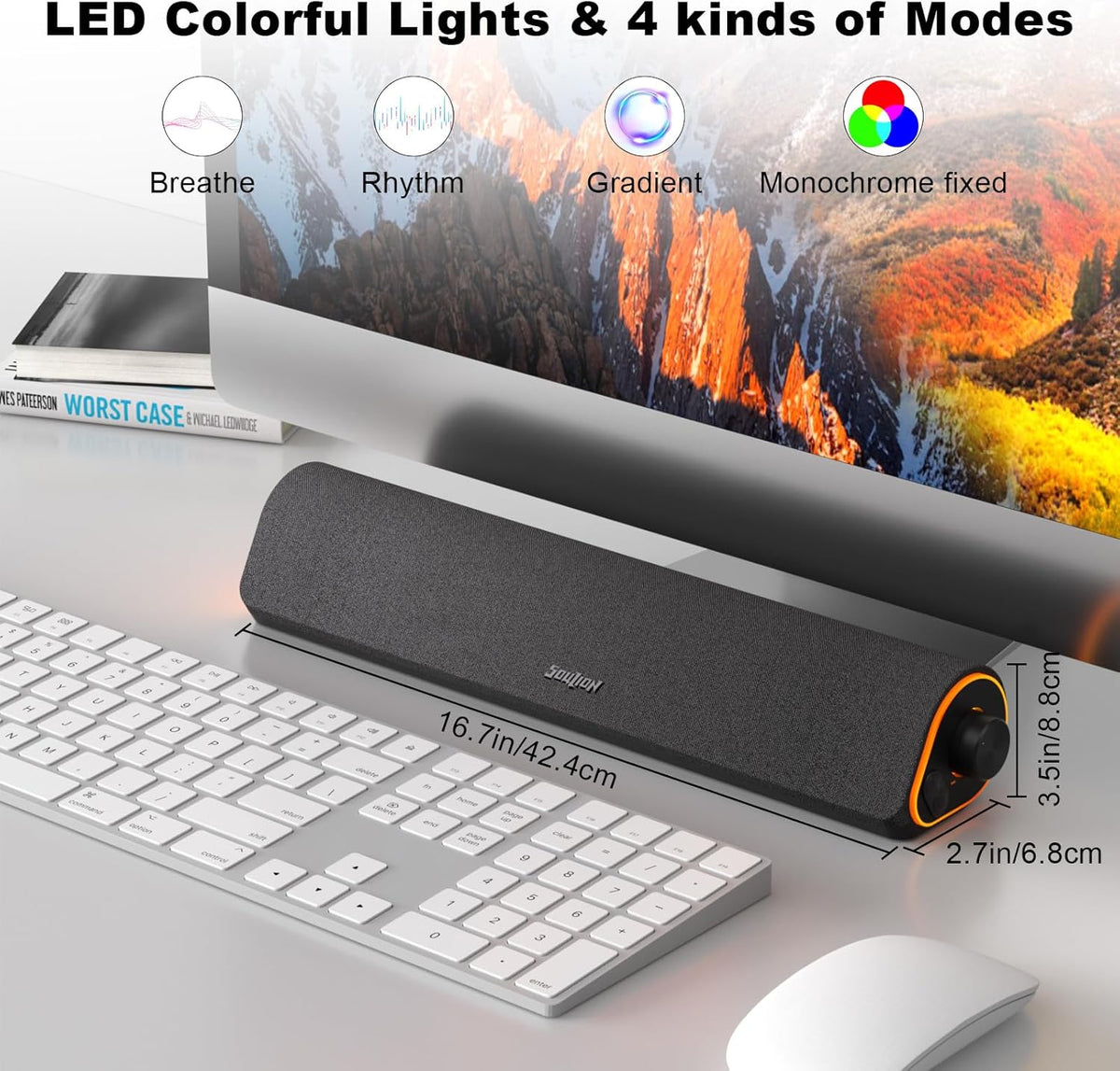 SOULION R50 Bluetooth Computer Speakers, 3.5mm PC Sound Bar for Desktop Monitor, Wired USB Powered & Colorful LED Lights with Switch Button, Surround Sound Soundbar PC Spearkers for Computer