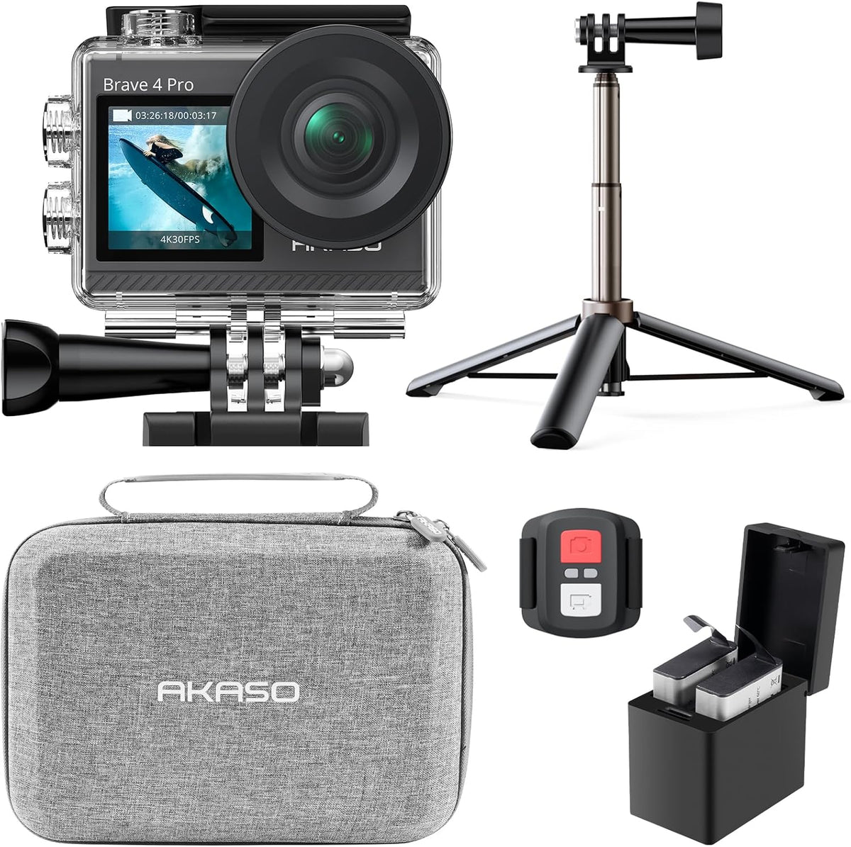 AKASO Brave 4 Pro Action Camera with Selfie Stick Tripod and Carrying Bag Bundle - 4K30 20MP Ultra Hd EIS 131ft Underwater Camera 5xZoom Touch Screen WiFi Remote Control with Helmet Accessories Kit
