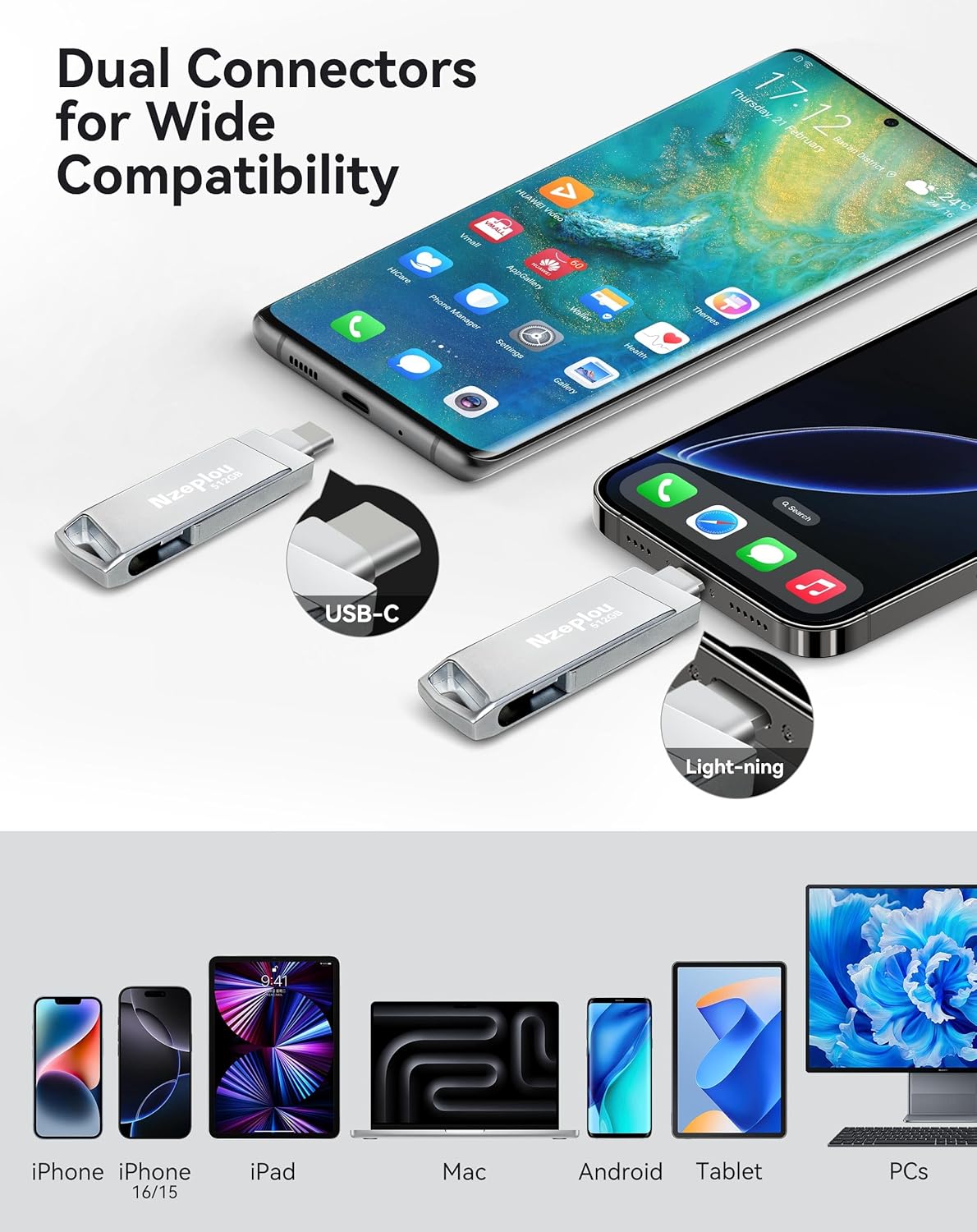 512GB Flash Drive for iPhone iPad, USB3.0 High-Speed Memory Stick No App Needed, Lightening & USB-C External Memory Storage for Photos Videos, Picture Backup Thumb Drive Plug & Play (Silver)