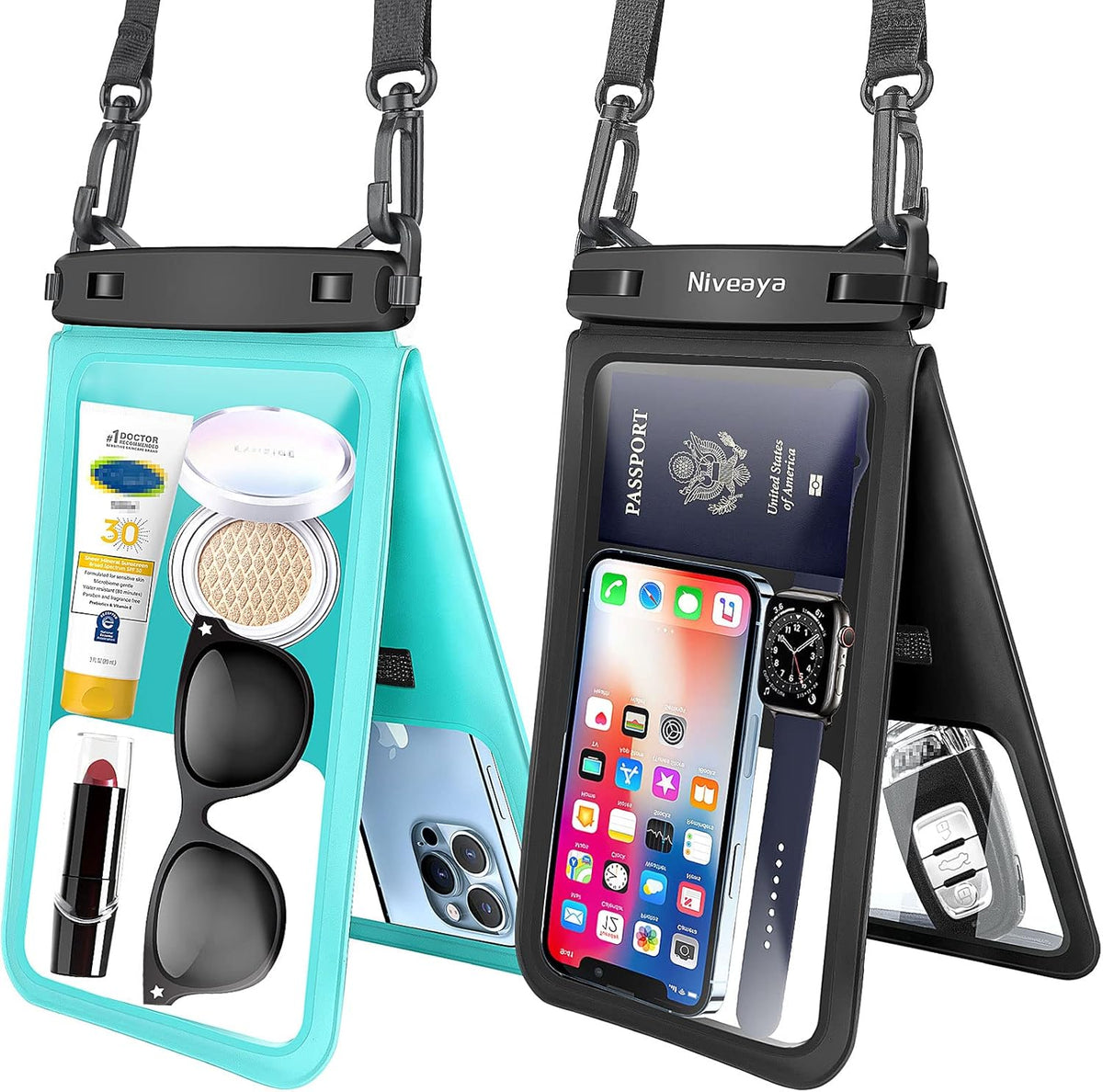Niveaya [Up to 10.5"]Waterproof Phone Pouch - 2 Pack, Waterproof Phone Lanyard Case with iPhone 16/15/14/13/12 Pro Max up to 9.5", Phone Dry Bags for Vacation Beach Pool Kayak Cruise Travel Essentials