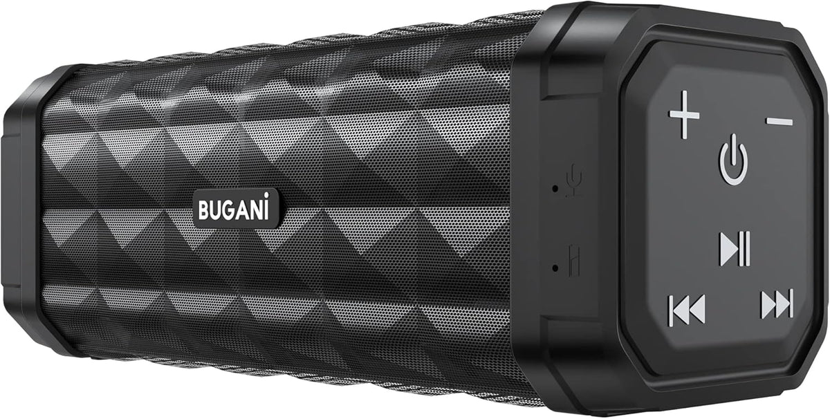 BUGANI Bluetooth Speakers Portable Bluetooth Speaker, 100ft Wireless Range, Louder Volume, Stereo Sound, Amazing Bass 24H Playtime, IPX5, Built-in Mic, Wireless Speaker for Ourdoor Indoor(Black)