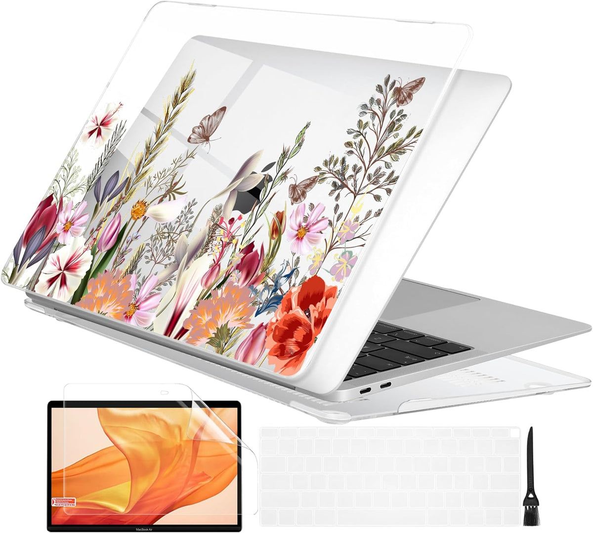 Batianda Case for MacBook Air 13 Inch M1 2020 2019 2018 Release Model A2337 A2179 A1932 with Retina & Touch ID, Clear Hard Shell Cover with Keyboard Cover & Screen Protector,Flower and Butterfly