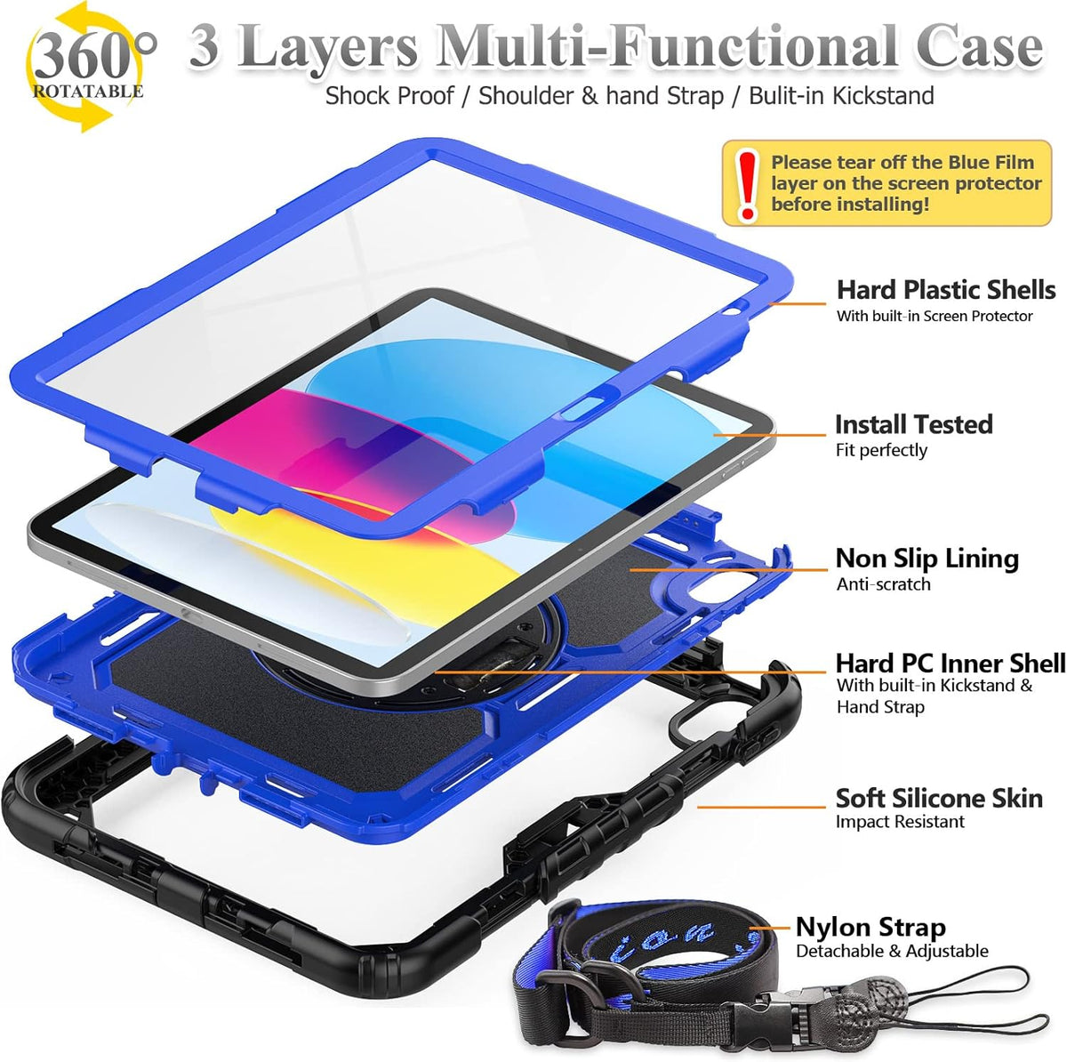 SEYMAC stock Case for iPad (A16) 11th/10th Generation 11''/10.9'' 2025/2022, Full-Body Drop Protection Case with Screen Protector &360° Rotate Hand Strap/Stand, Blue+Black