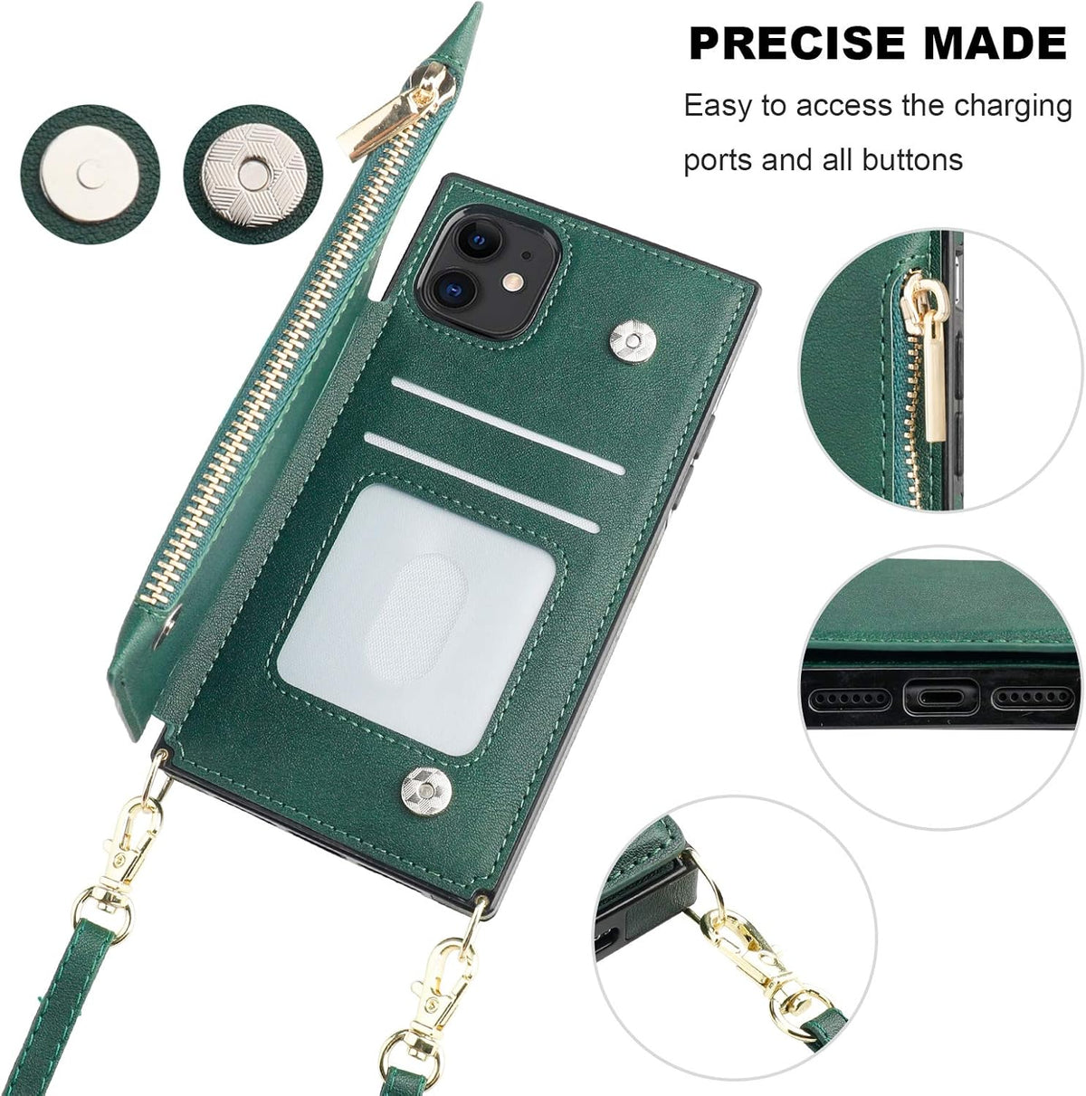 Bocasal Crossbody Wallet Case for iPhone 11 with Card Holder,Zipper Card Slot Protector Shockproof Purse Cover with Removable Cross Body Strap 6.1 Inch(Green)