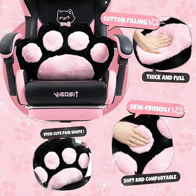 Gaming Chair Cute Cat Gaming Chairs with Paw Lumbar Cushion for Girls Video Gamer Chair with Footrest for Girl Teen Woman (Blackpink-A)