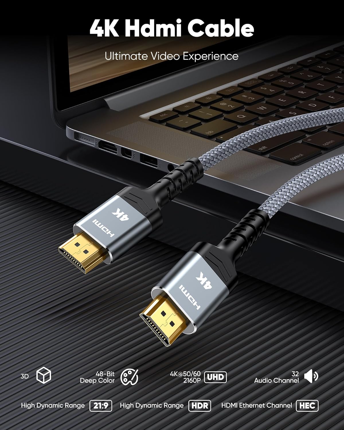 6.6 4K 2.0 3D, 2.2, 4K HDMI Cable ft, Highwings HDMI Cord with High-Speed No Flickering, Nylon Braided & Gold-Plated