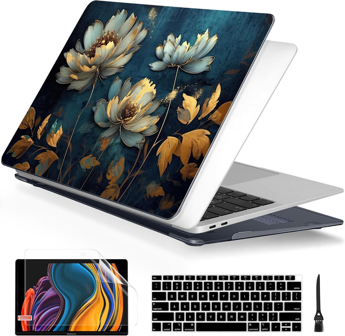 Batianda Case for M1 MacBook Air 13 Inch Model A2337 A2179 A1932 2020 2019 2018 Release,3D Painted Creative Series Design Hard Shell with Keyboard Cover & Screen Protector, Blooming Flowers