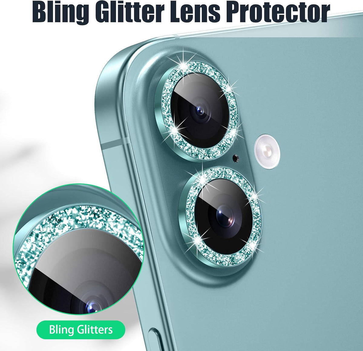 AGVEE 3+3 6 Pack for iPhone 16 6.1" / 16 Plus 6.7" Camera Lens Cover Protector, Bling Glitter & CD-Textured Metal Ring 9H Tempered HD Glass Camera Cover Protector Film, Glitter-Green