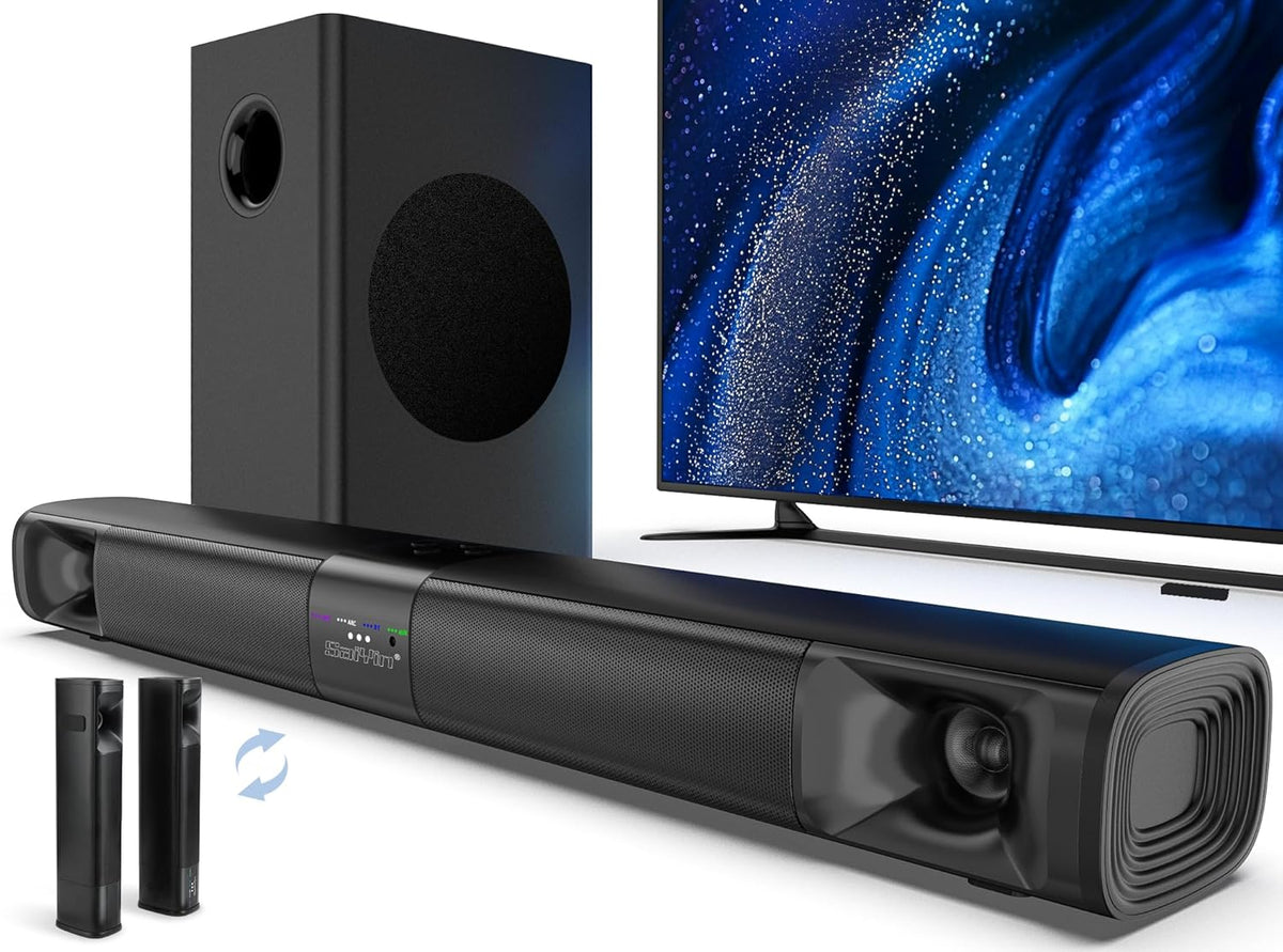 Saiyin Sound Bar for Smart TV with Subwoofer, 100W Detachable Soundbar Home Theater Surround Sound System for TV with Horn Tweeter, Adjustable Bass and HDMI-ARC/Bluetooth Optical/AUX/Connection