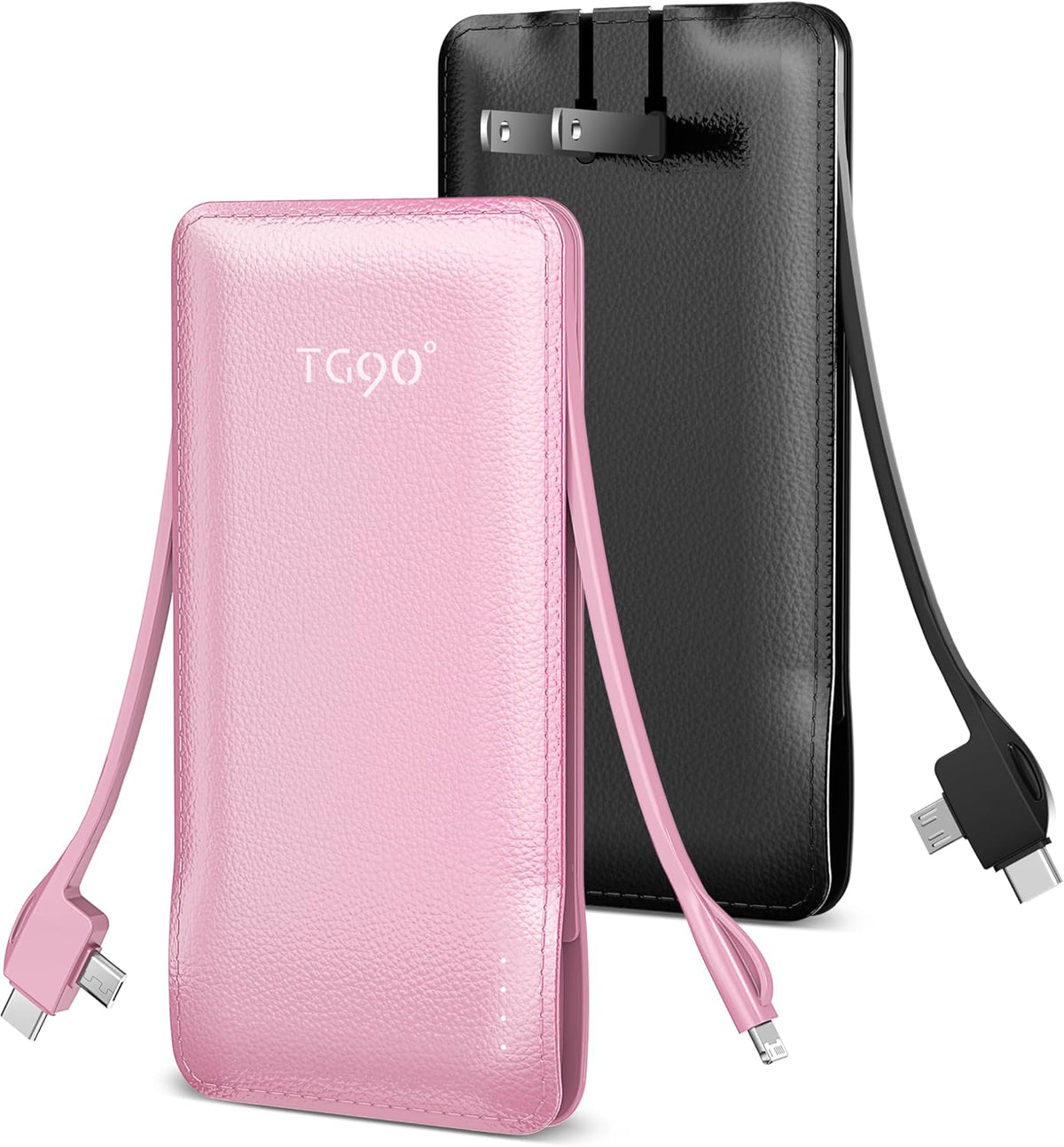 TG90° 2 Pack Slim 10000mAh Power Bank Built-in Foldable AC Wall Plug and Cables,Ultra Compact Cell Phone Charger,Pocket Size USB C Portable Charger Compatible with iPhone Samsung,Black & Pink