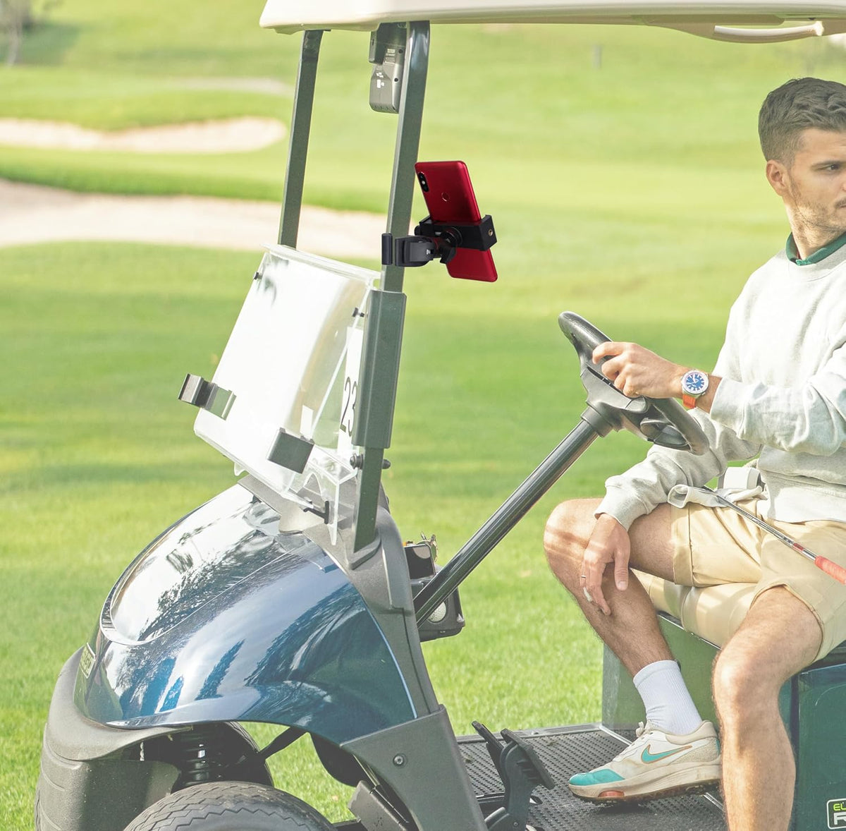 Phone Holder with Clamp for Golf Cart Universal Phone Mount Holder for Bicycle, Wheelchair, Stroller Mic Stand Phone Holder