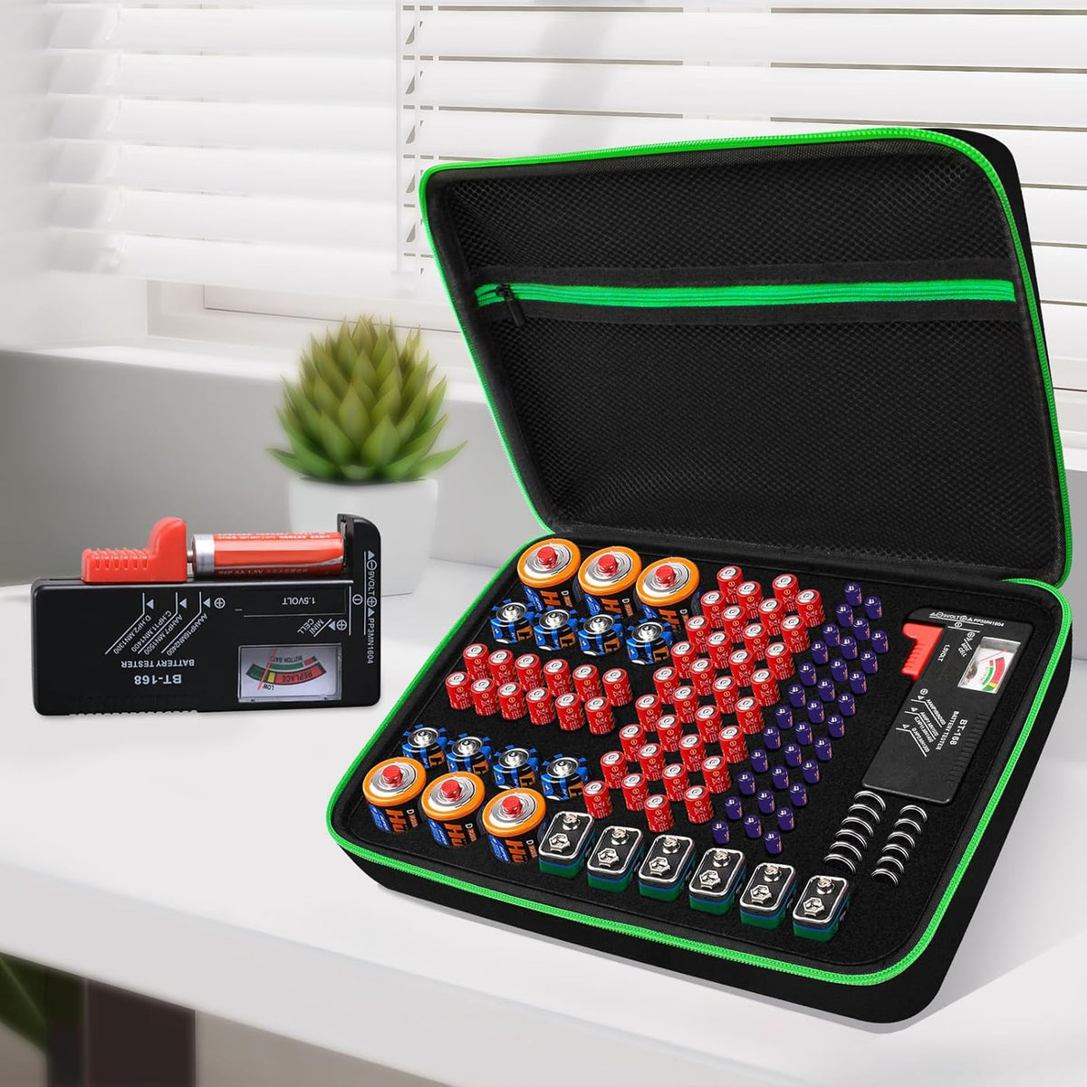 9V 7 Pack 111 Battery Organizer Storage Case with Tester for AA AAA C D Battery Holder Batteries Variety Batteries Mesh