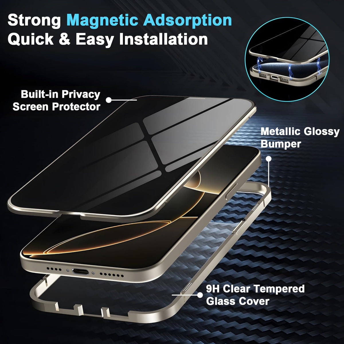 Privacy Magnetic Case for iPhone 16 Pro with Metal Titanium Frame Privacy Screen Protector & Camera Lens Protector, Magnetic Adsorption Double Sided Glass Case Anti Peep Anti Spy Phone Cover