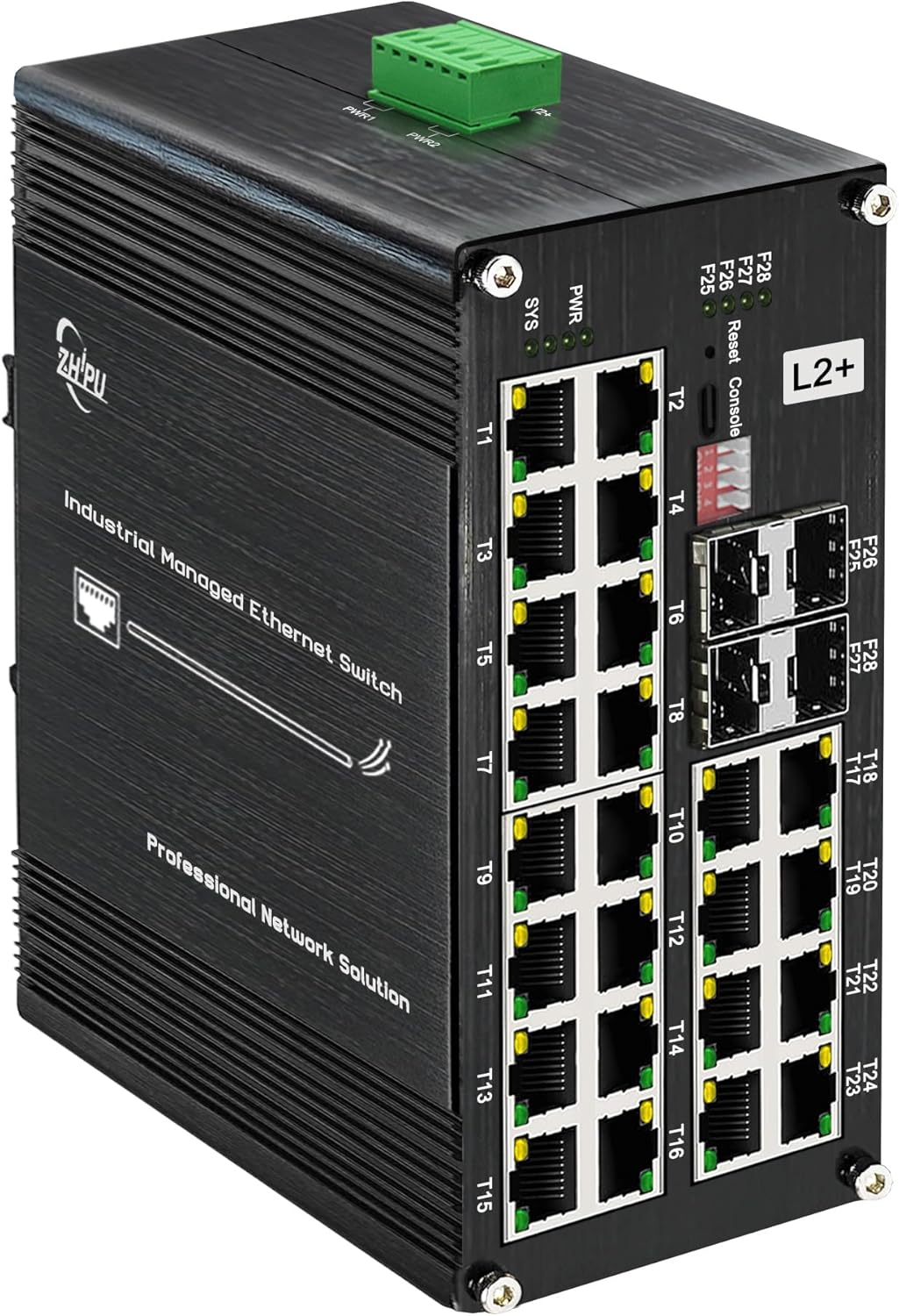 Industrial L2+ Managed 24 Port PoE Ethernet Switch with 4 SFP Slot, Gigabit Networking Switch with IPv4/IPv6 Management and DIP Switch, Supporting Din-Rail