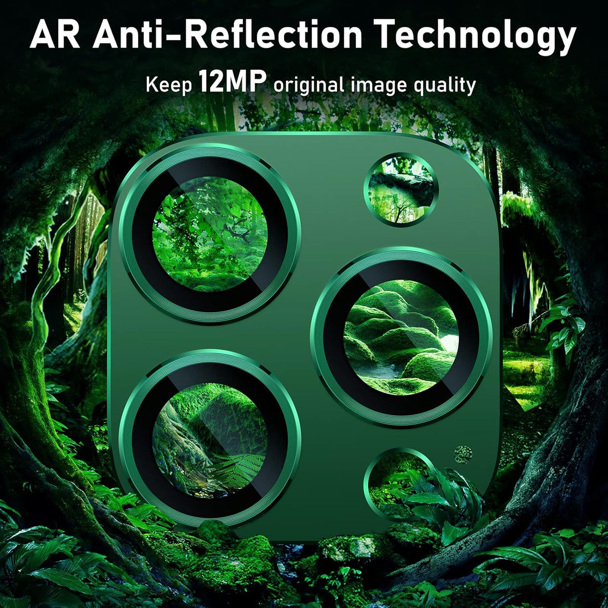 UniqueMe for iPhone 13 Pro/iPhone 13 Pro Max Camera Lens Protector, [Strong Drop Protection] [Not Easy to Fall-off] Metal Ring Tempered Glass Rear Camera Screen Cover, Alpine Green