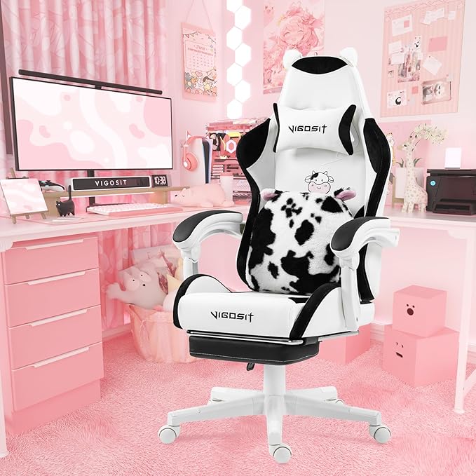 Cute Cat Gaming Chair with Paw Lumbar Cushion PC Video Gamer Chair for Girl Teen Woman (Black White)