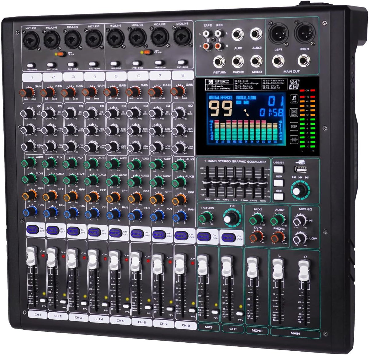 GF8 Pro Multi-Function 8-Channel Bluetooth DJ Sound Console - 7 Stage Equalizer, 99 Sound Effects, Independent Mute for Stage, Karaoke Live