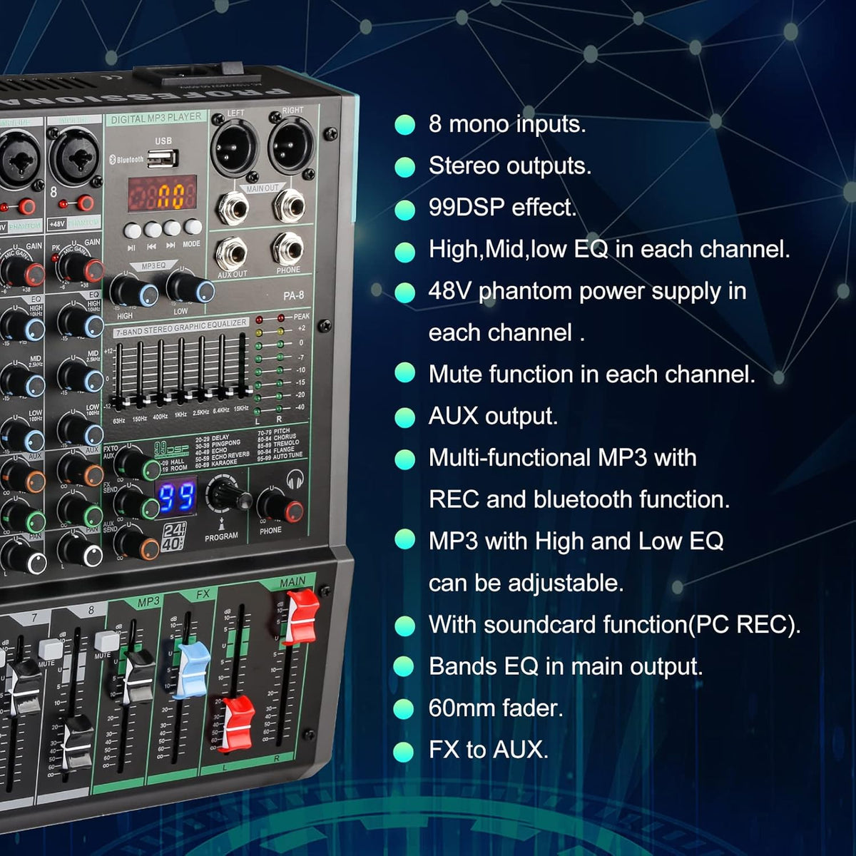8 Channel Dj Mixer, Dj Board for Pa Stage systems with 99 Kinds of DPS Digital Effects,Echo+Delay Effect,Mic/Line XLR+6.35mm Input, AUX, Usb,MP3 Player,Recording Headphone Jack,PA-8
