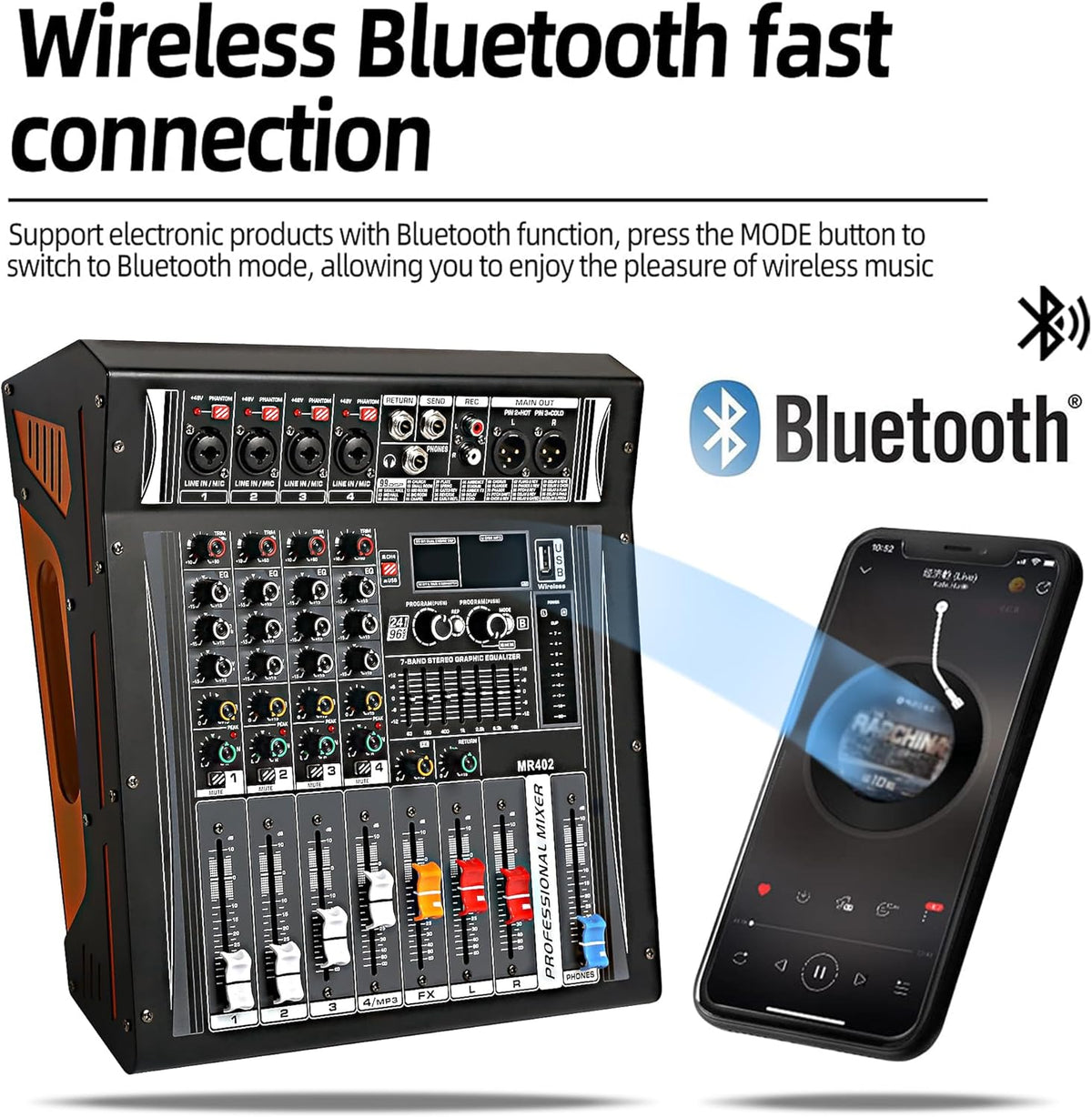 Audio Mixer 4 Channel, DJ Mixer with Power Amplifier, Audio Sound Card with 48V Phantom Power, Usb Audio Interface, Sounds Mixer Board with 99 DSP FX Reverb Delay Effect for Streaming