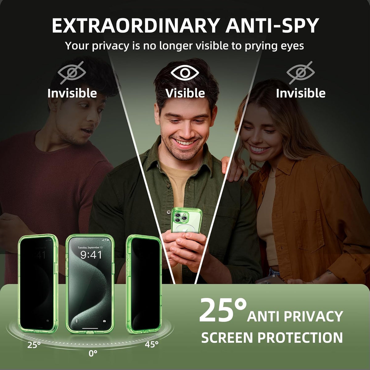 Magnetic for iPhone 15 Pro Max Case, Compatible with MagSafe, Built-in Privacy Screen Protector and Camera Protection, Anti Spy Full Body Dustproof Shockproof Hard Phone Case 6.7",Bright Green