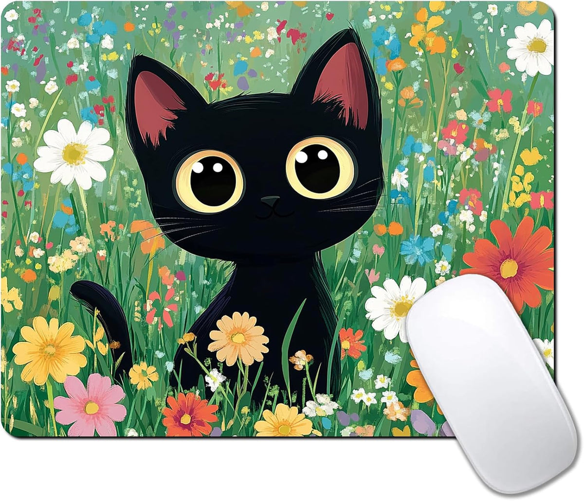 Cute Black Cat Floral Custom Mouse Pad with Non-Slip Rubber, Small Square Design for Wireless Laptop & Computer Mouse Pads for Desk, 9.5 x 7.9 inch Smooth Surface for Gaming & Office