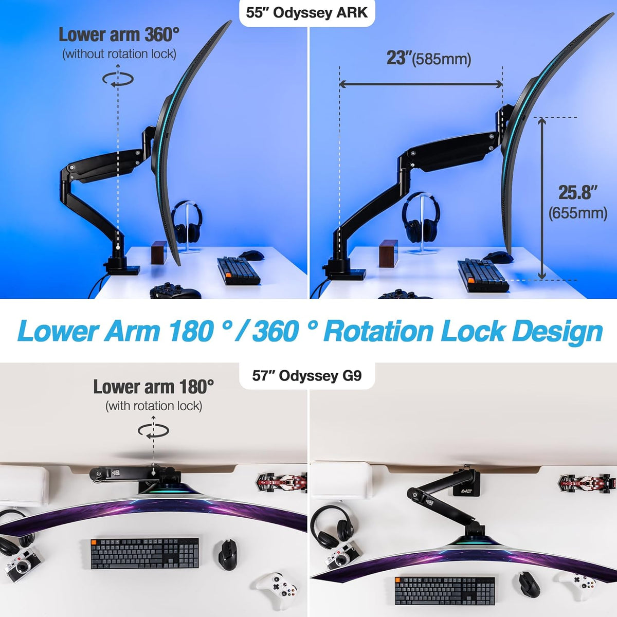 AVLT Single 17"-57" Super Ultrawide Monitor Arm for Screens Up to 59.5 lbs, Premium Aluminum Desk Stand, Adjustable Pneumatic Height, Full Motion Swivel Tilt Rotation, USB-C & USB-A Ports, Black