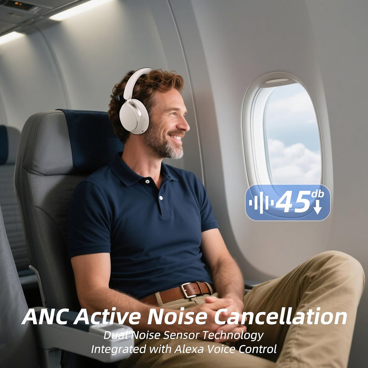 Active Noise Cancelling Headphones,Wireless Headphone with Transparent Mode,Hi-Res Audio,Deep Bass,160H Playtime,Foldable Storage Over Ear Bluetooth Headset for Daily Use/Gaming/Work/Travel-Beige