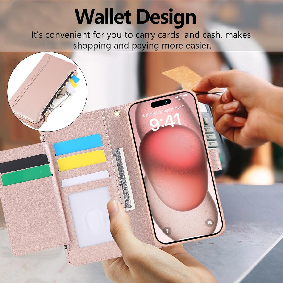 Compatible with iPhone 13 Pro Wallet Phone Case-PU Leather Magnetic Flip Cover with Credit Card Slots,Zipper Pocket & Detachable Wrist Strap,Shockproof Design,for Women and Men-Pink