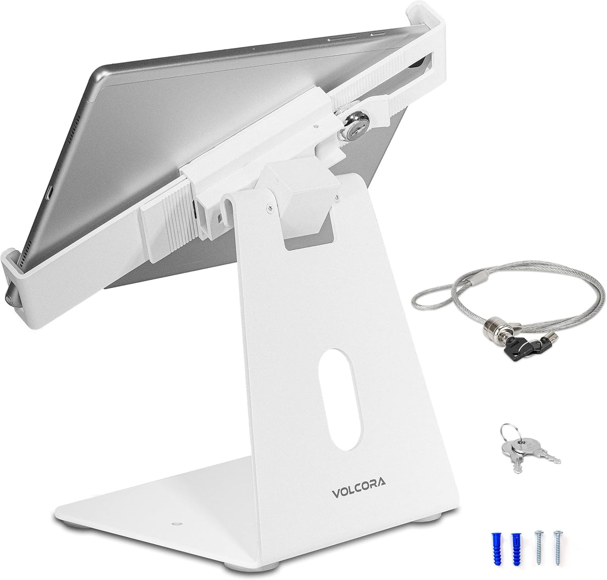 Volcora Anti-Theft Tablet Stand iPad Security Holder with Lock, White 10-13 Inch Kiosk Stand Mount, Swivel, Adjustable, for iPad Pro, Air, POS Register, Retail Business, Checkout, Cashier
