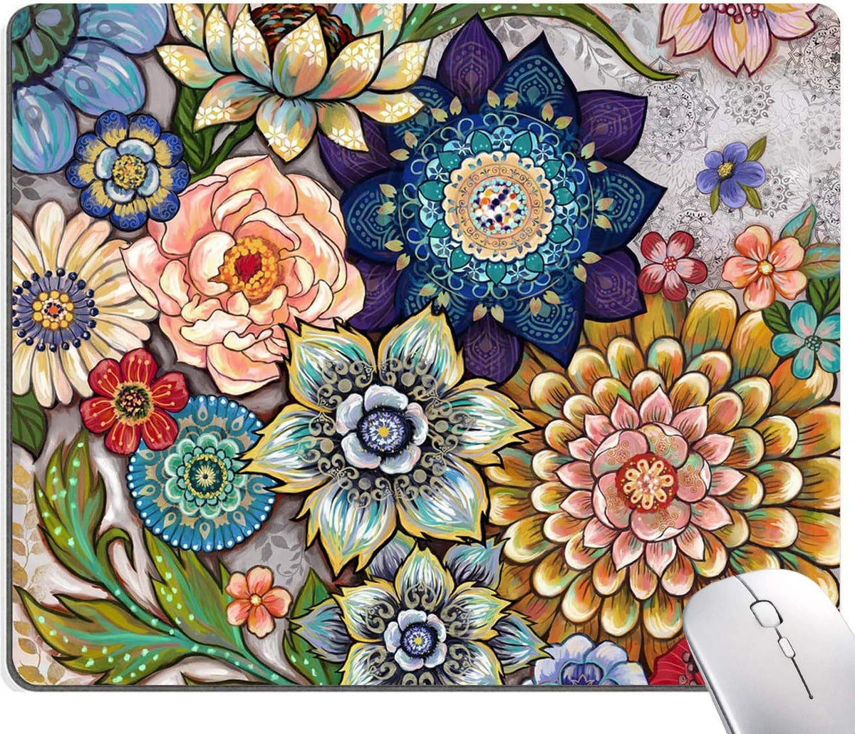 Mouse Pad, Abstract Floral Mouse Pad, Premium-Textured Computer Mouse Mat Square Waterproof Non-Slip Rubber Base Mousepad, Boho Flowers