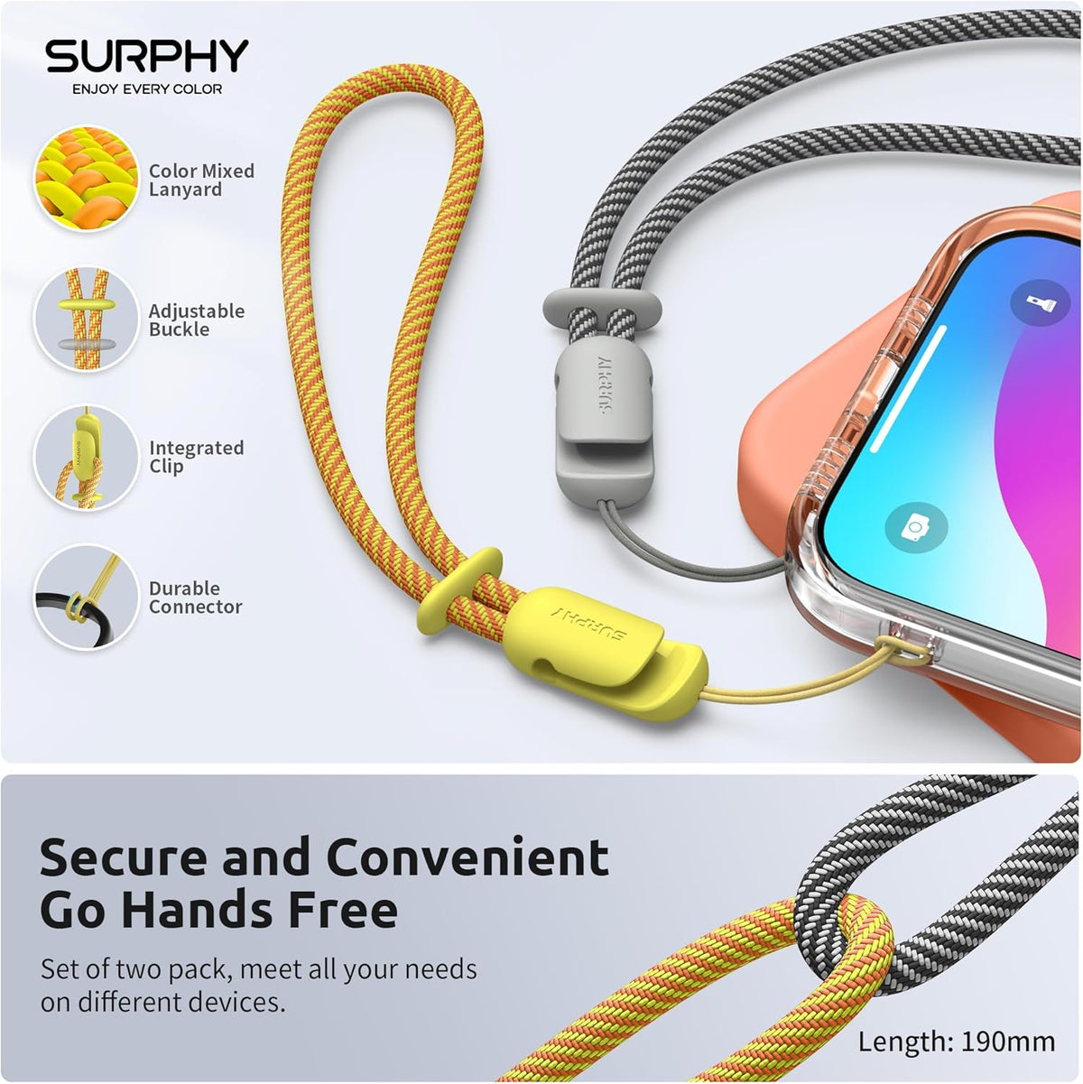 SURPHY 2 Pack Phone Lanyard for Cellphone Case, Phone Wrist Strap for Case, Cellphone Strap with 2-Color Braided, Charm Wrist Lanyard for Women and Men, Yellow & Gray