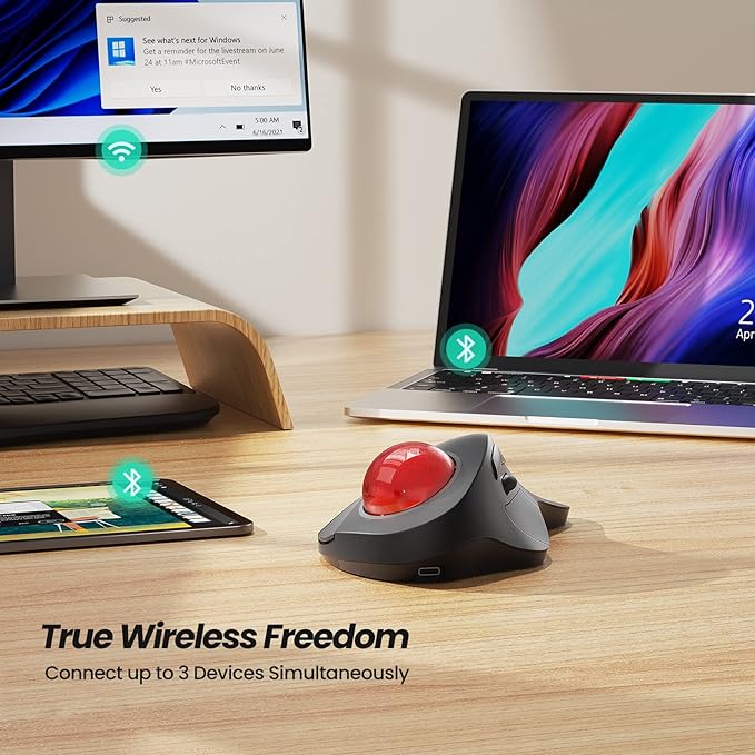 Nulea Wireless Ergonomic Trackball Mouse Rechargeable Bluetooth Rollerball Mouse 44mm Index Finger Trackball 5 Adjustable DPI Compatible with PC Laptop Mac