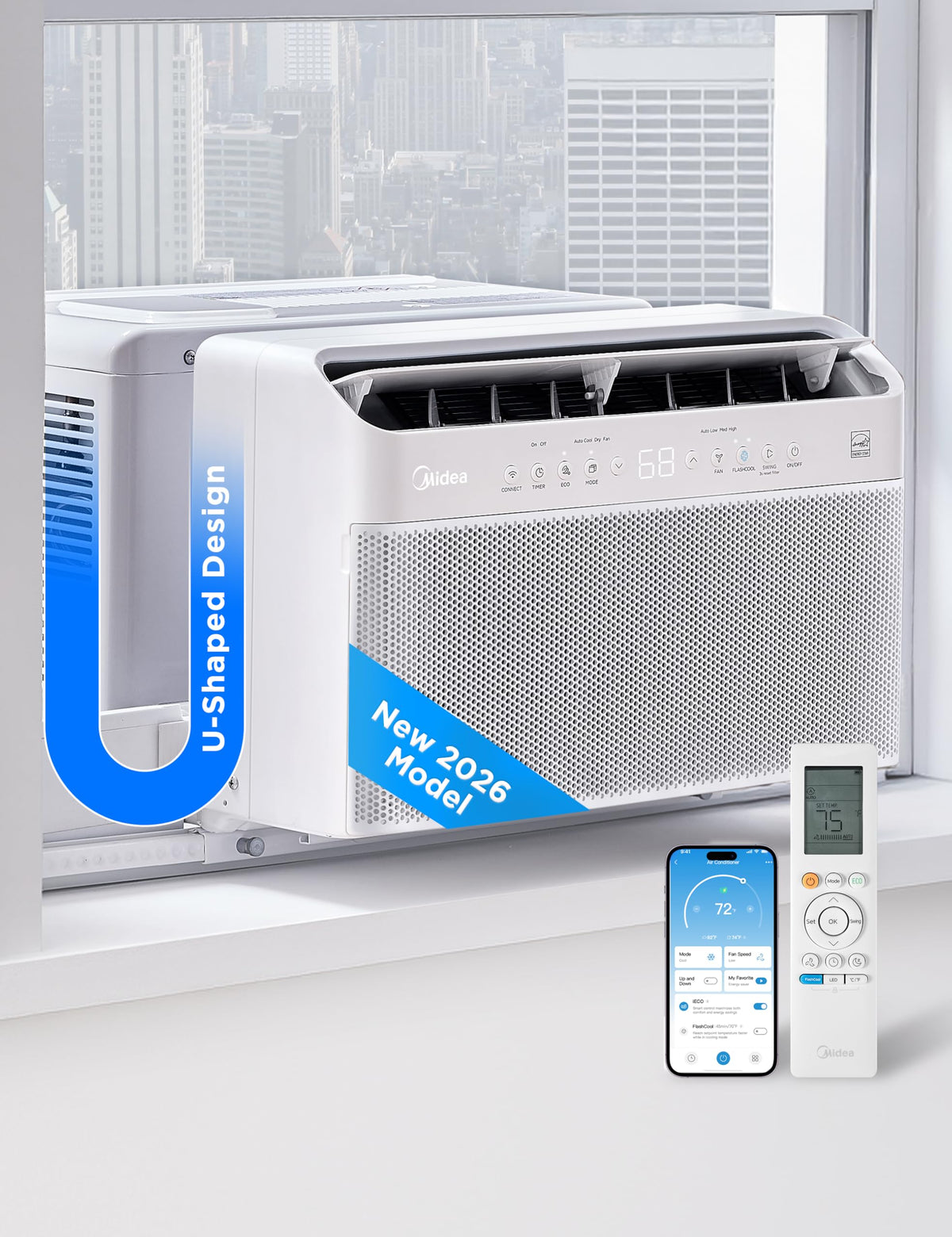 Midea 8,000 BTU U Shaped Smart Inverter Window Air Conditioner - Cools 350 Sq Ft, Ultra Quiet with Open Window Operation - Alexa