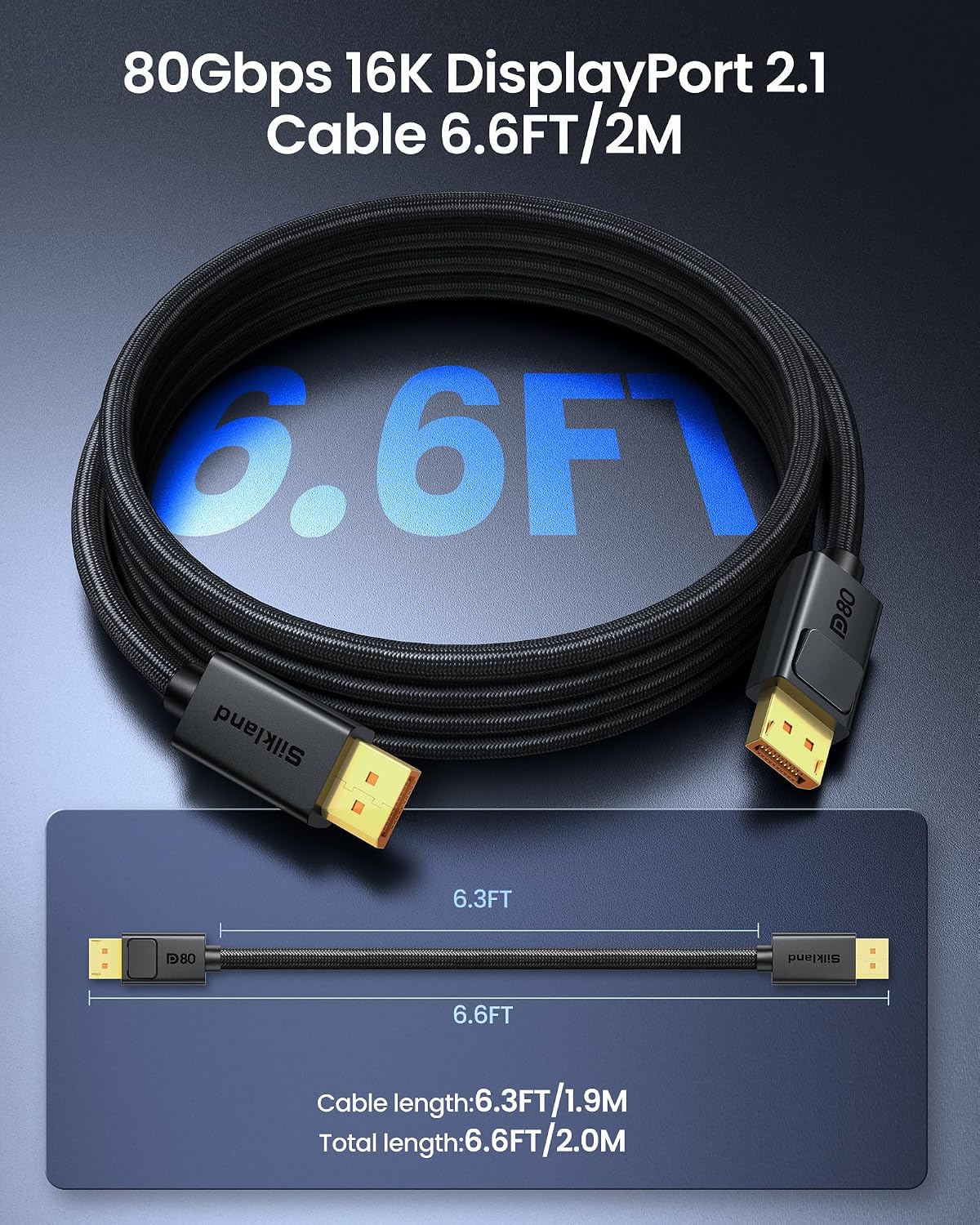 80Gbps 2.1 6.6FT, [16K@60Hz, 8K@240Hz, 4K@480Hz 240Hz] DP80 DSC1.2a 5090 7900XTX Silkland DisplayPort Cable [VESA