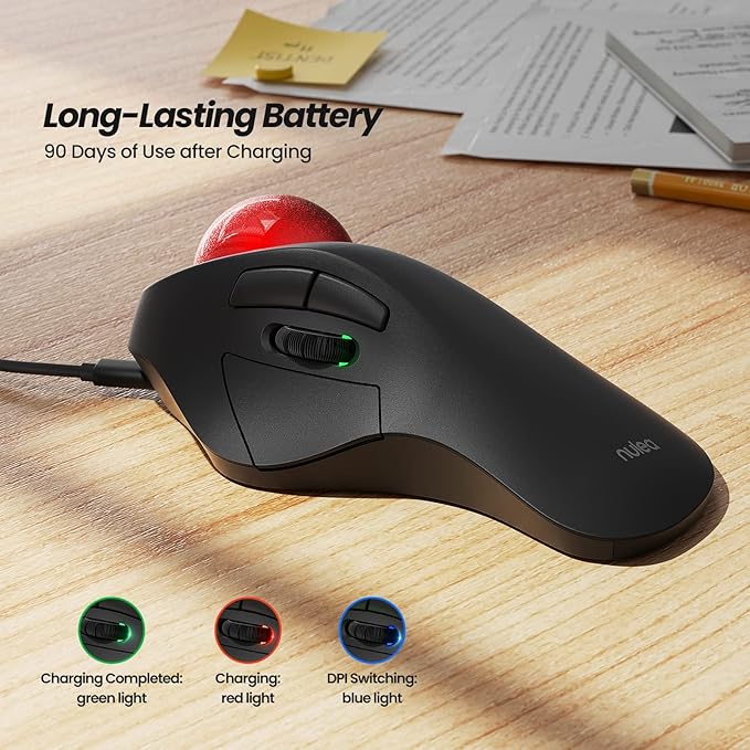 Nulea Wireless Ergonomic Trackball Mouse Rechargeable Bluetooth Rollerball Mouse 44mm Index Finger Trackball 5 Adjustable DPI Compatible with PC Laptop Mac
