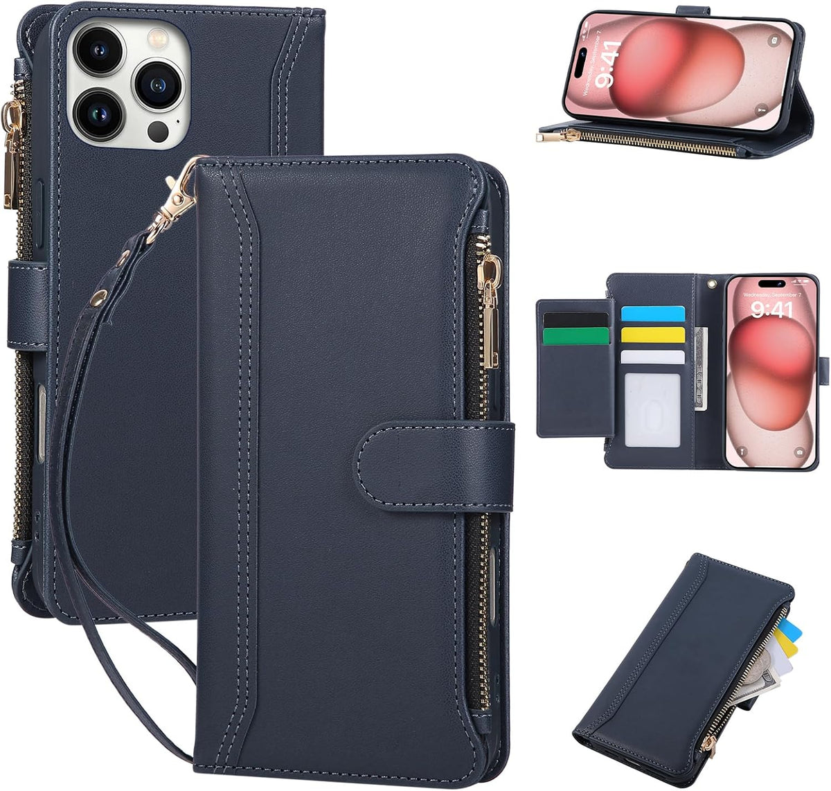 Compatible with iPhone 12 Pro Max Wallet Phone Case-PU Leather Magnetic Flip Cover with Credit Card Slots,Zipper Pocket & Detachable Wrist Strap,Shockproof Design,for Women and Men-Navy Blue