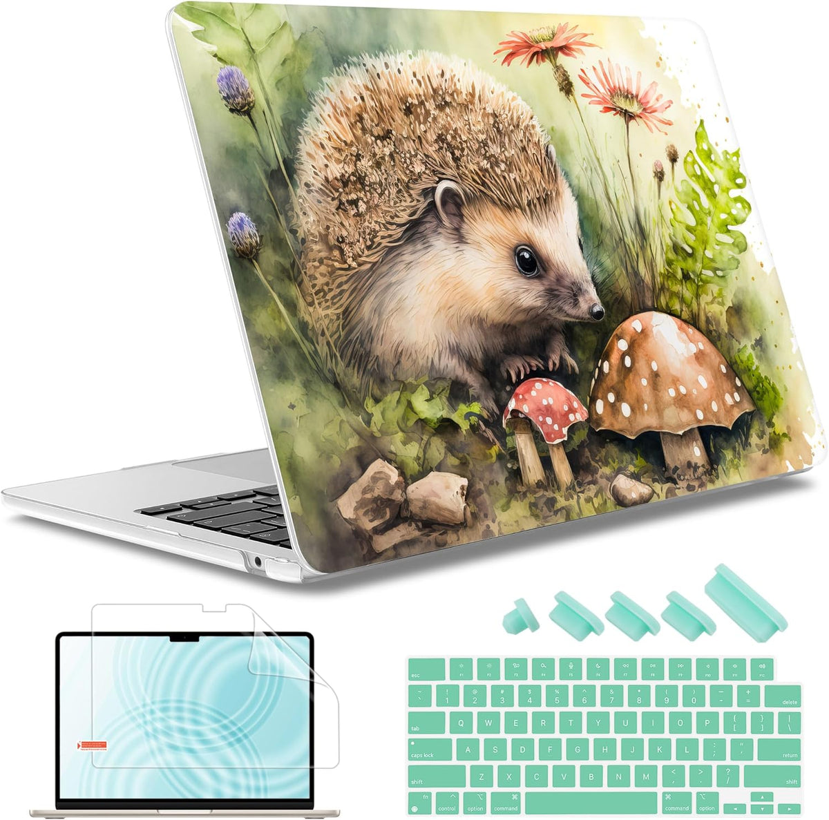 May Chen for MacBook Air 13.6 inch Case A3240 M4 A3113 M3 A2681 M2 with Retina Dispaly, 2025 2024 2023 2022 Release, Plastic Hard Shell Case with Screen Protector & Keyboard Cover, Hedgehog watercolor