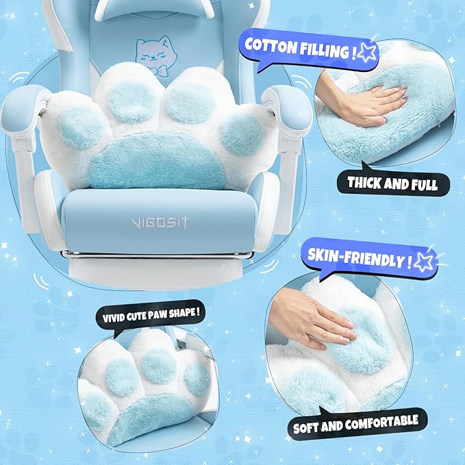 Cat Ears Gaming Chair - Ergonomic PU Leather Office Chair Cute Chair with Footrest for Adult 310lbs Capacity 90°-155° Reclining paw Pillow Blue