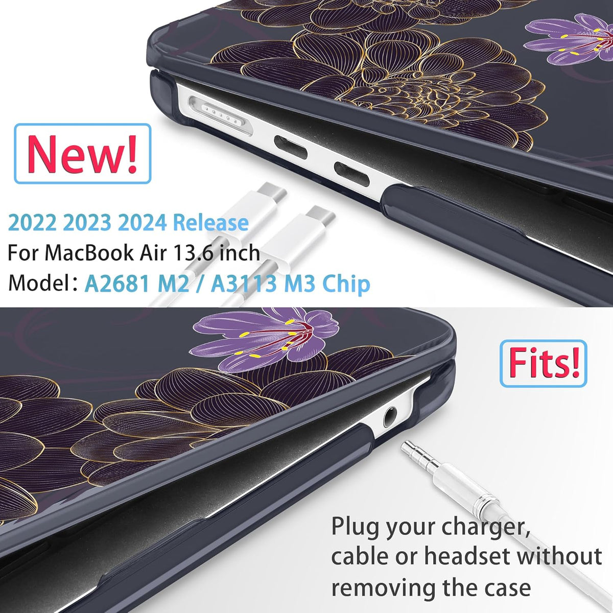 Mektron for 2025 M4 MacBook Air 13.6 Inch A3240 Case Fits 2023 A2681 M2 2024 A3113 M3 Chip with Liquid Retina Display, Printed Plastic Hard Shell Cover for MacBook Air 13.6", Golden Dahlia Flowers