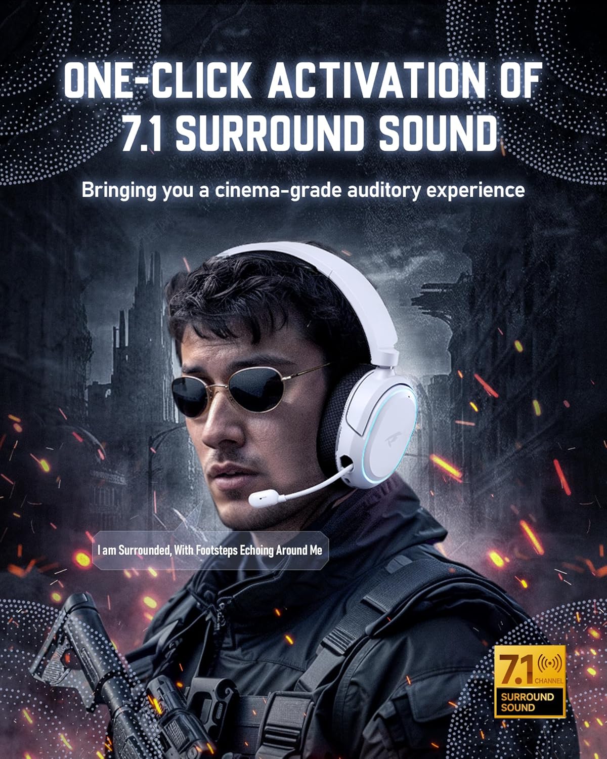 Wireless Gaming Headset, 7.1 Surround Sound, 2.4GHz USB Gaming Headphones with Bluetooth 5.4, 100H Battery, ENC Noise Canceling Mic, RGB Light, Wireless Headset for PC PS5 PS4 Mac Switch (Black-White)