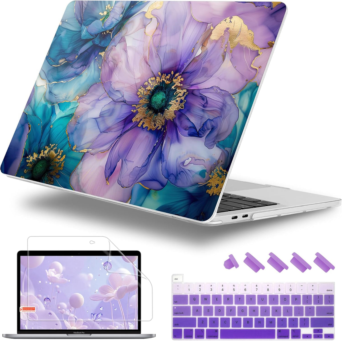 for MacBook Pro 16 inch Case 2019 2020 Release Model A2141, Plastic Hard Shell Cover with Keyboard cover & Screen Protector for MacBook Pro 16 inch with Touch Bar & Touch ID, Fluid Art Flowers